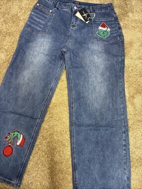 Flamingals Women's 18-20 Grinch Pattern Embroidered Mid Rise Straight Leg Jeans